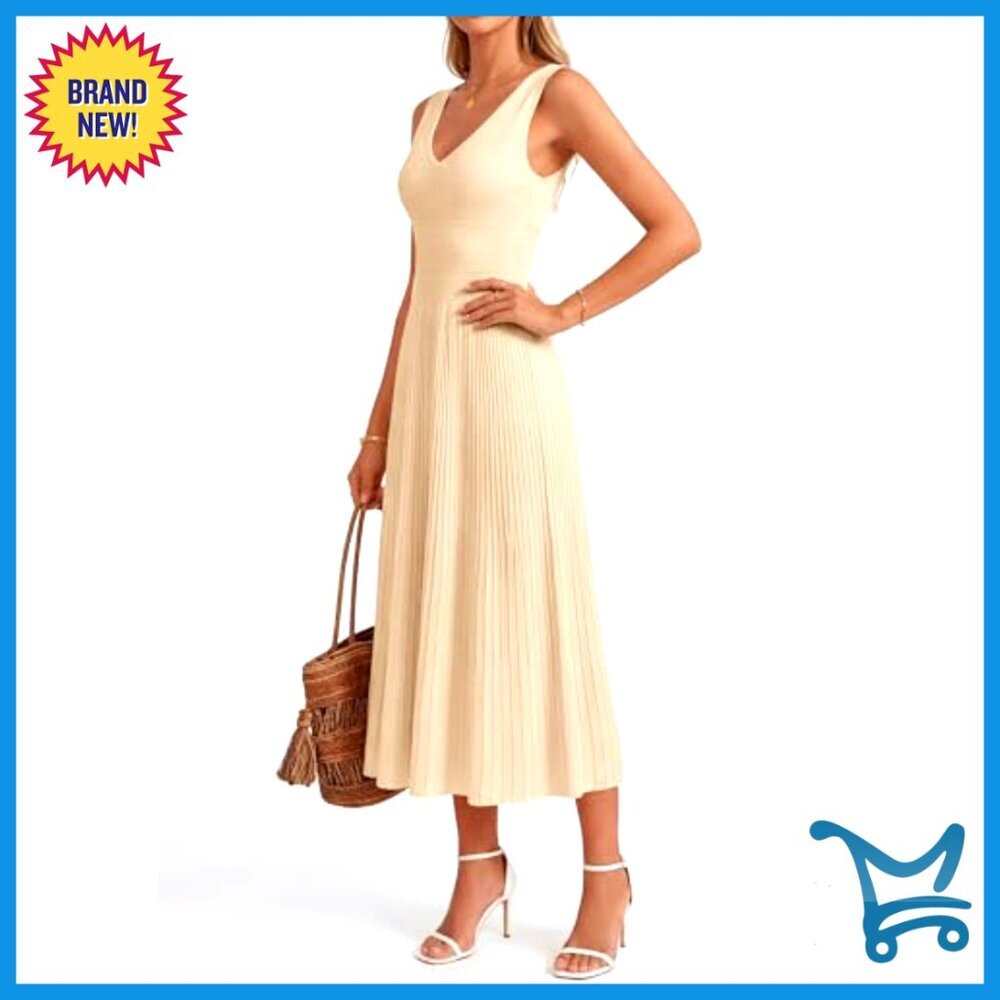 Sleeveless V-Neck Midi Dress, A-Line Knit, Cocktail Wedding Guest - Picture 3 of 7